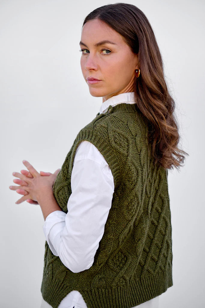 Maxted Cable Button Vest in Rural Khaki