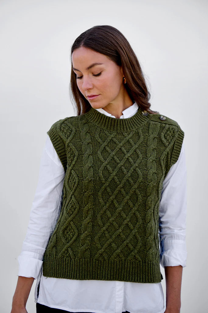 Maxted Cable Button Vest in Rural Khaki