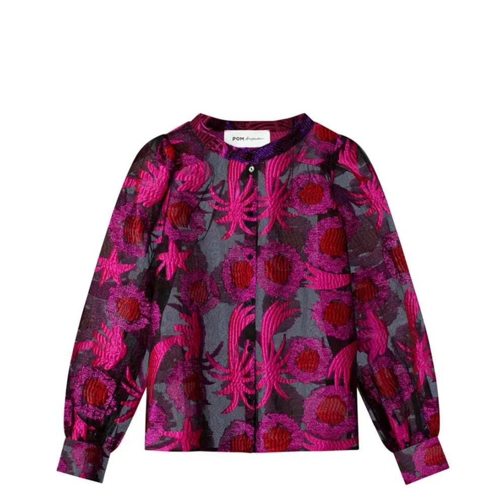 Vibrant pink and red floral embroidered blouse with long sleeves, perfect for everyday fashion