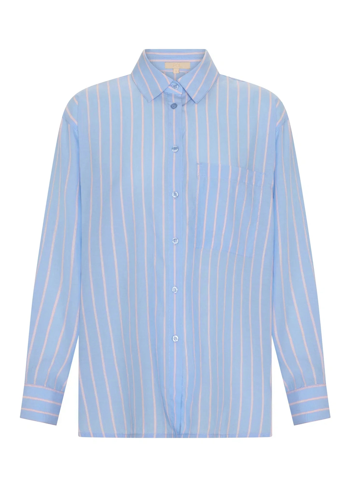 Light blue long sleeve shirt with pink vertical stripes, button front, chest pocket, and classic collar