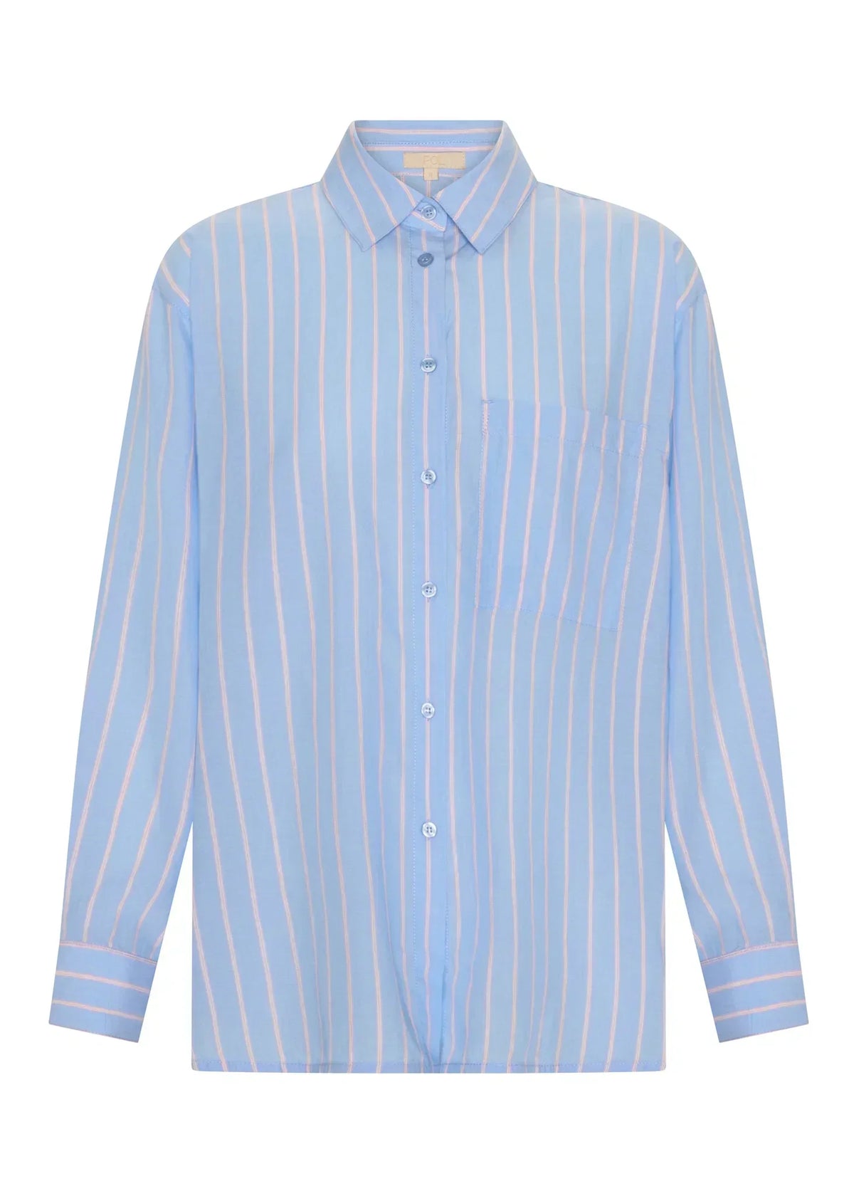 Light blue long sleeve shirt with pink vertical stripes, button front, chest pocket, and classic collar