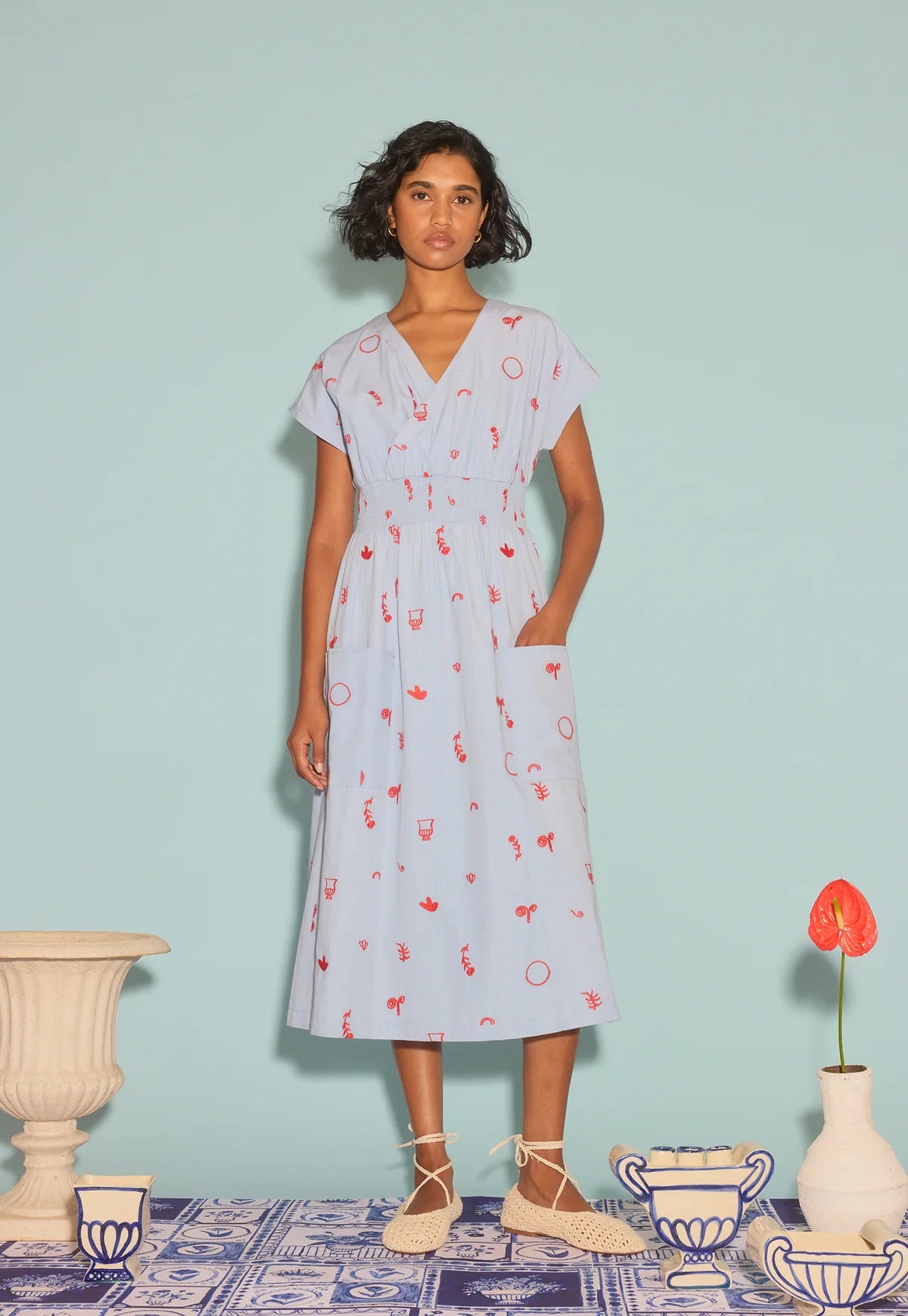 Nancybird Hana Wrap Dress in Blue with Red Motif Embroidery