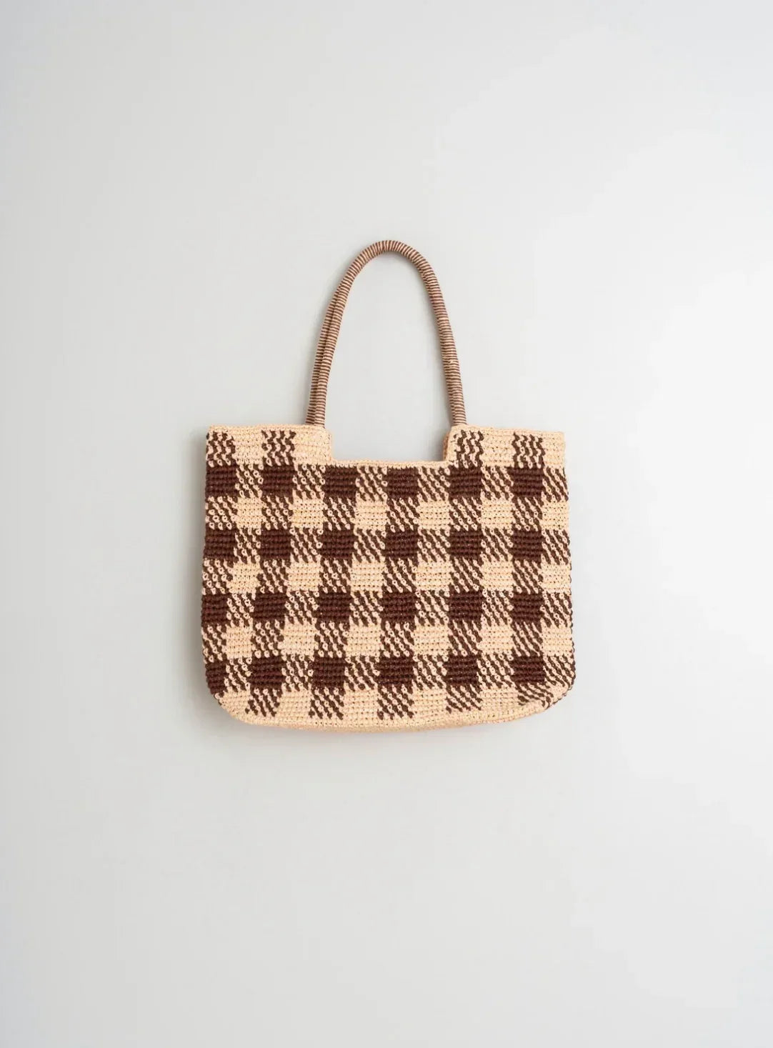 Woven checkered tote bag with brown and beige plaid pattern, stylish everyday carry for women