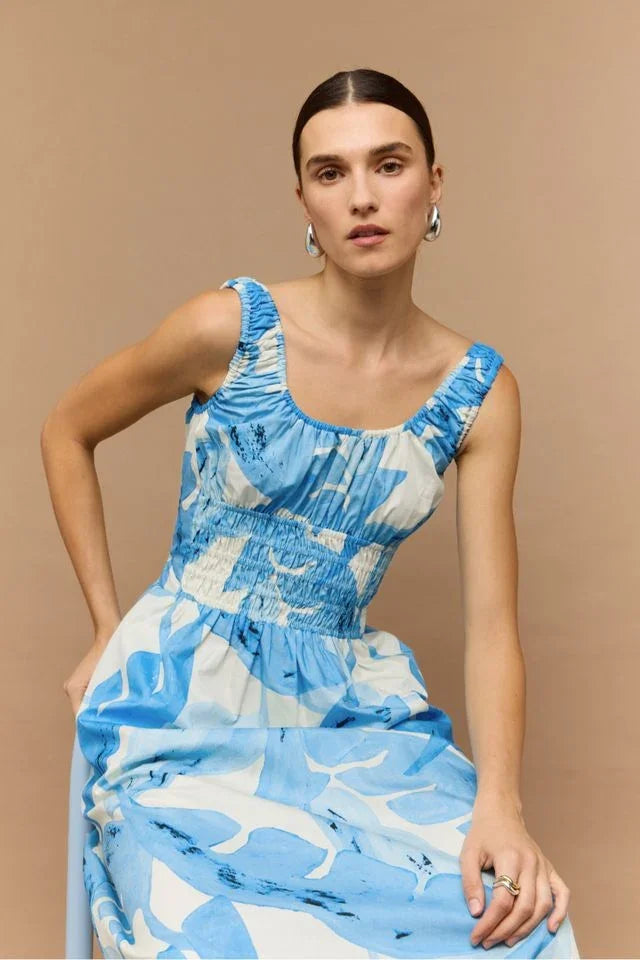 Staple the Label Leilani Shirred Midi Dress Blue Leaf Print