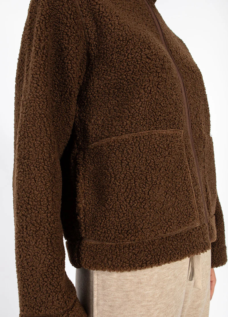 Brown sherpa fleece zip-up jacket for women at The Tartan Fox boutique, Bright, Australia