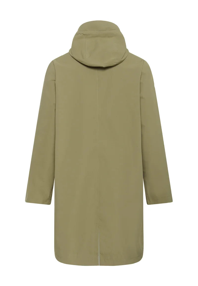 Olive green hooded women's coat with sleek design