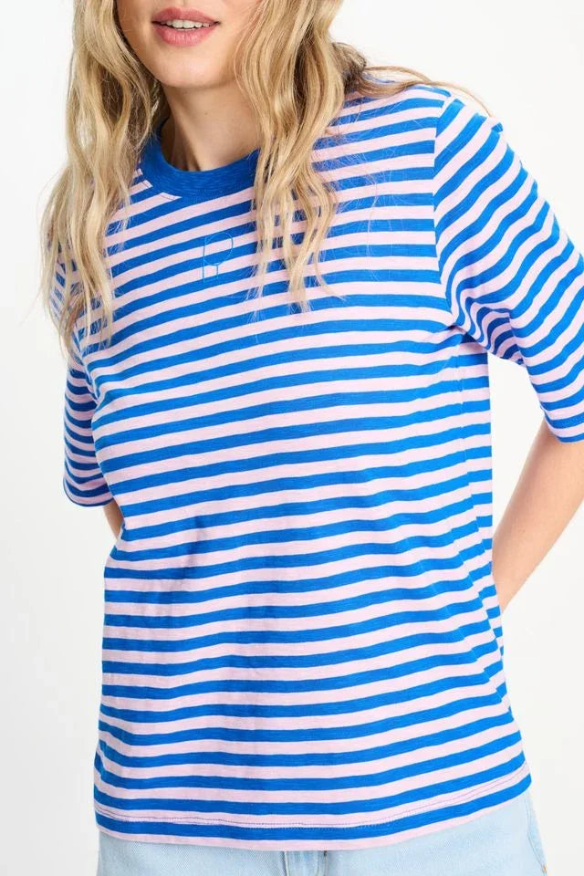 Blue and white striped t-shirt, casual everyday fashion for women