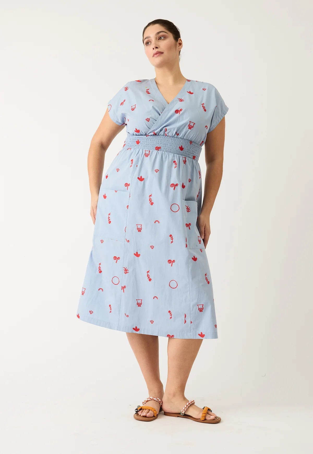Nancybird Hana Wrap Dress in Blue with Red Motif Embroidery