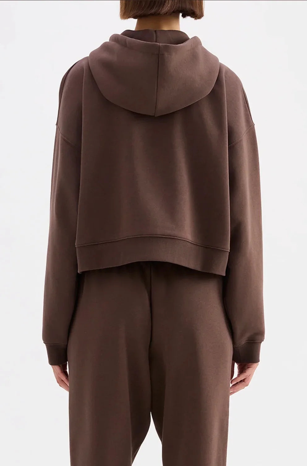 Brown cropped hoodie and matching lounge pants, women's cozy fashion set