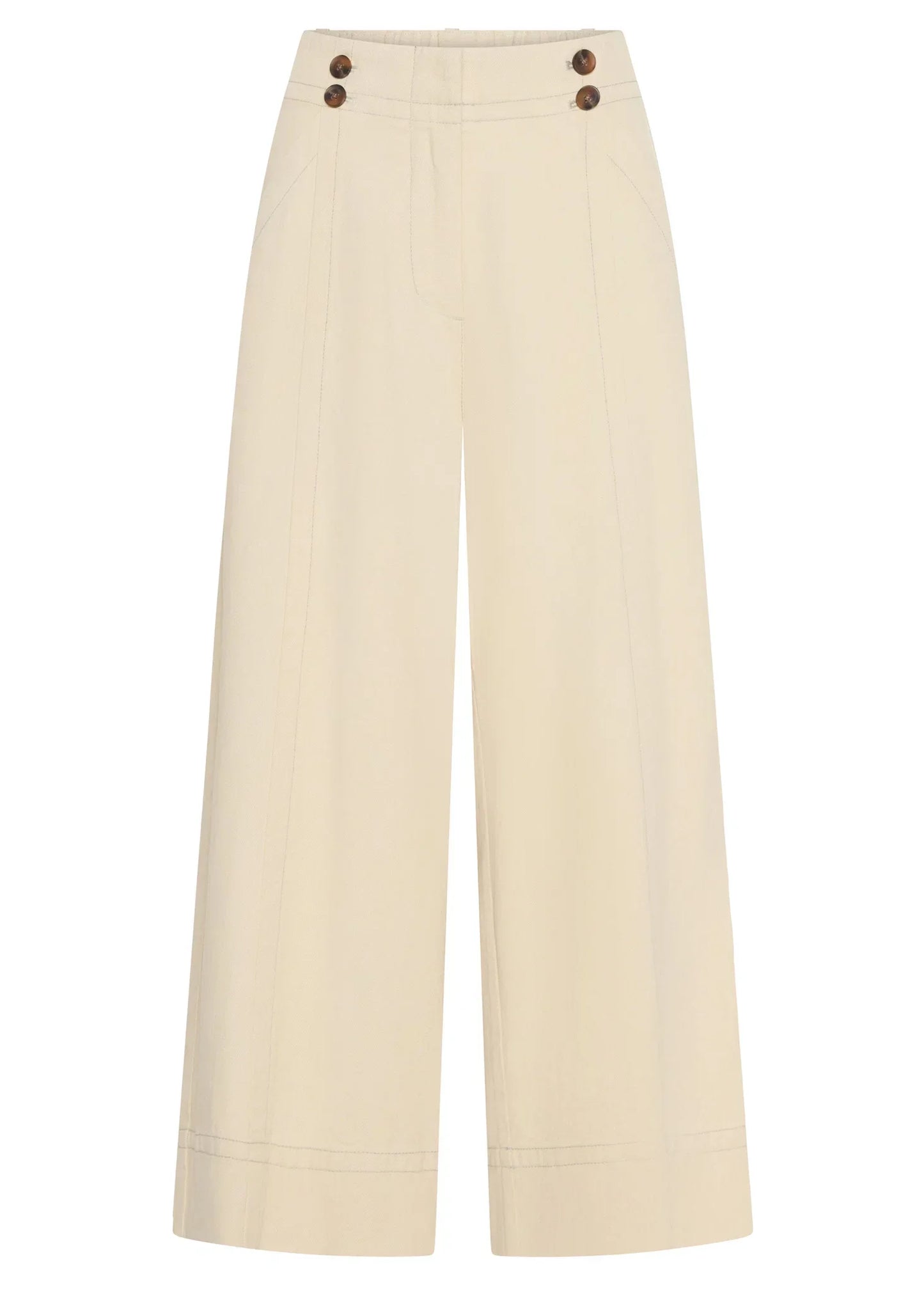 Cream wide-leg trousers with high waist and button details, effortless everyday fashion