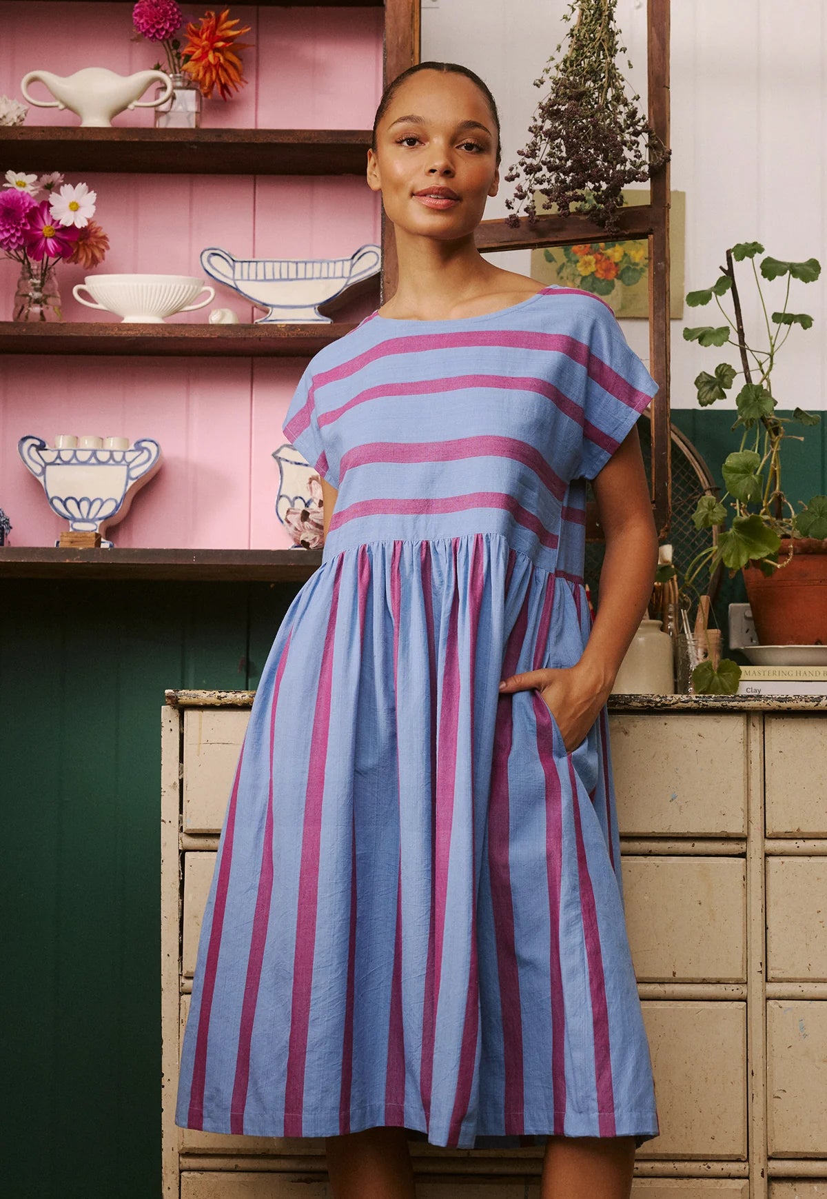 Nancybird Tathra Woven Dress in Raspberry Stripe