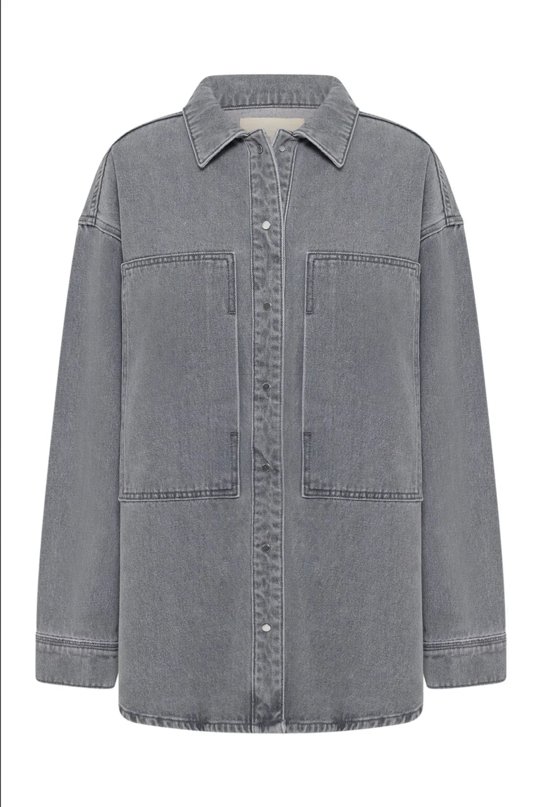 Oversized grey denim shirt jacket with front snap buttons and large chest pockets, women's fashion