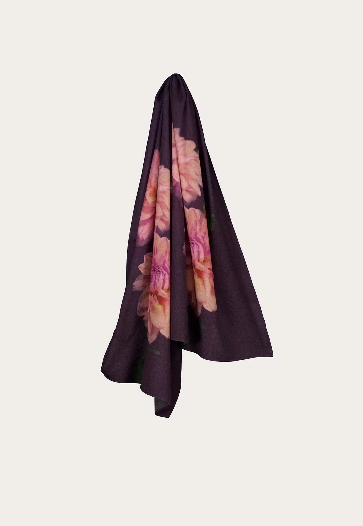 Purple floral scarf with large pink flower print, women's fashion accessory