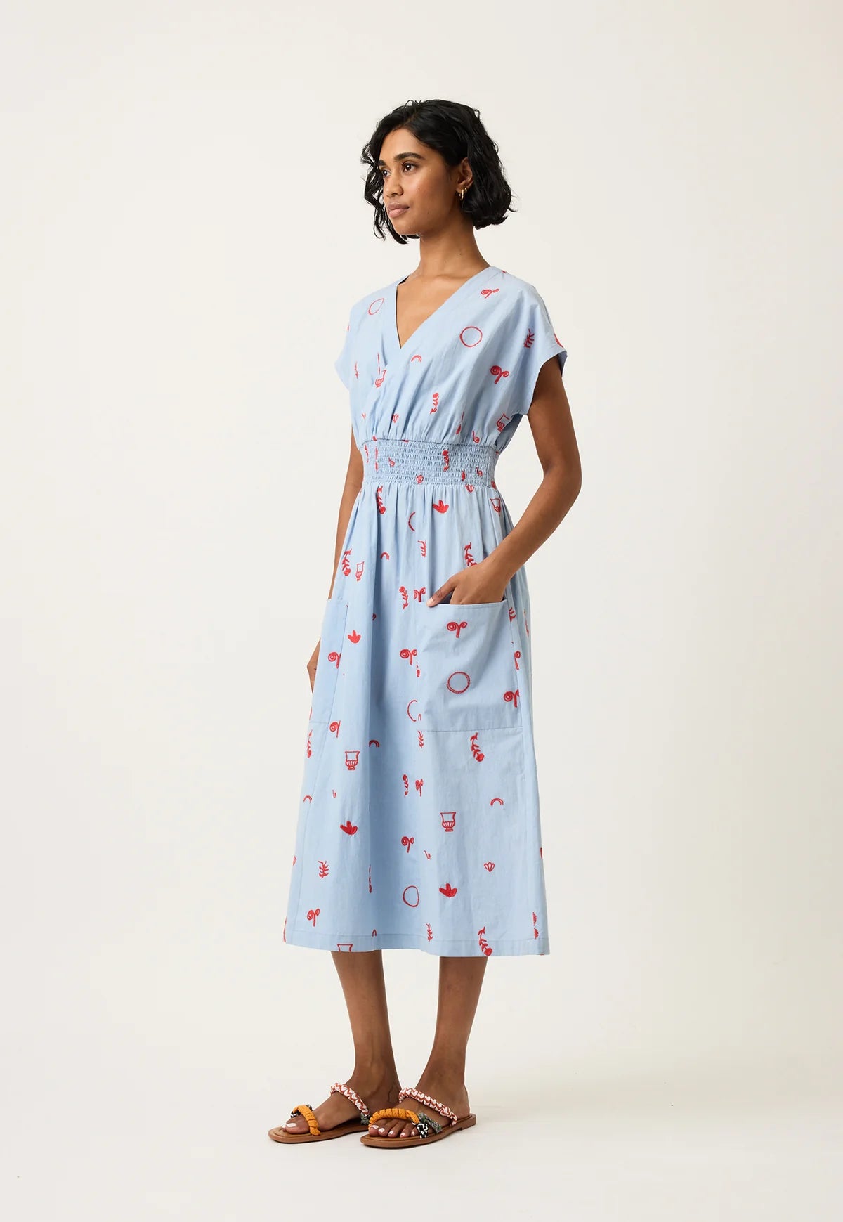 Nancybird Hana Wrap Dress in Blue with Red Motif Embroidery