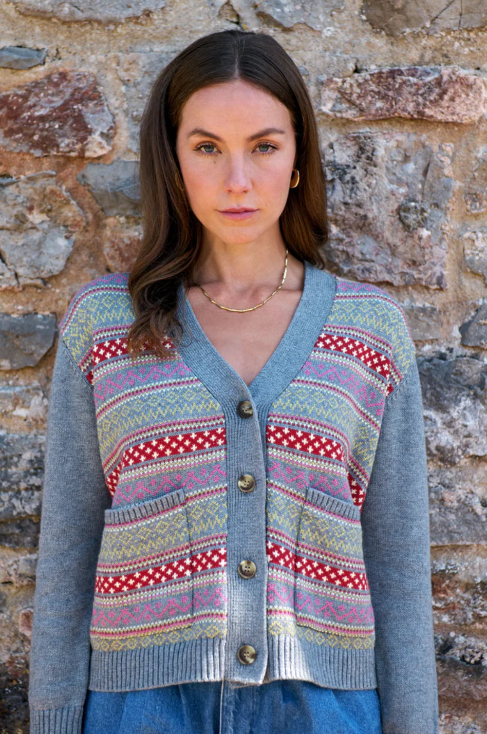 Maxted Button Down Cardigan in Charcoal Fairisle