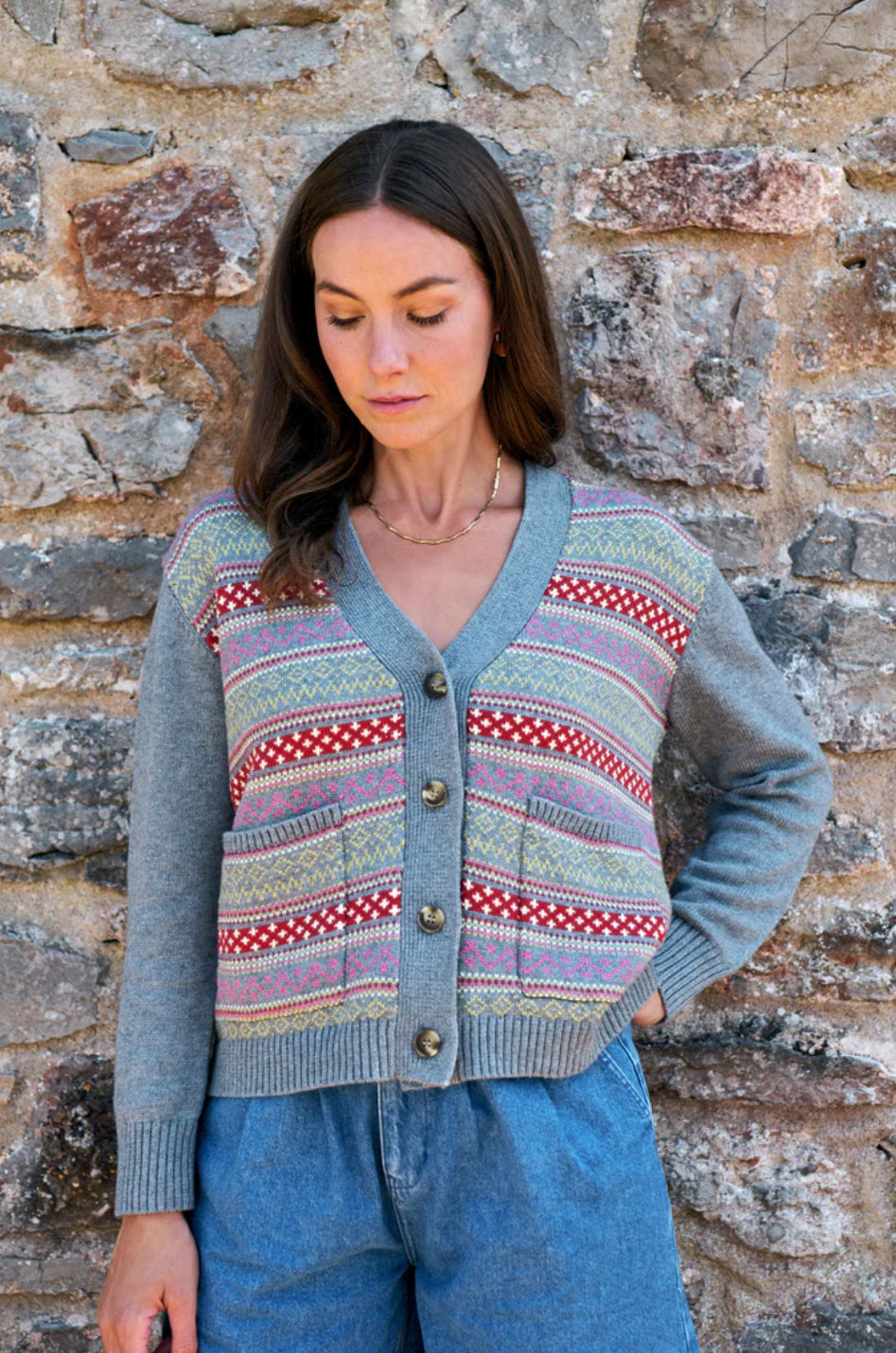 Maxted Button Down Cardigan in Charcoal Fairisle