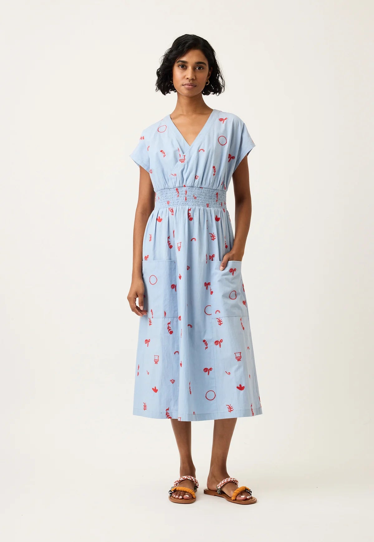 Nancybird Hana Wrap Dress in Blue with Red Motif Embroidery