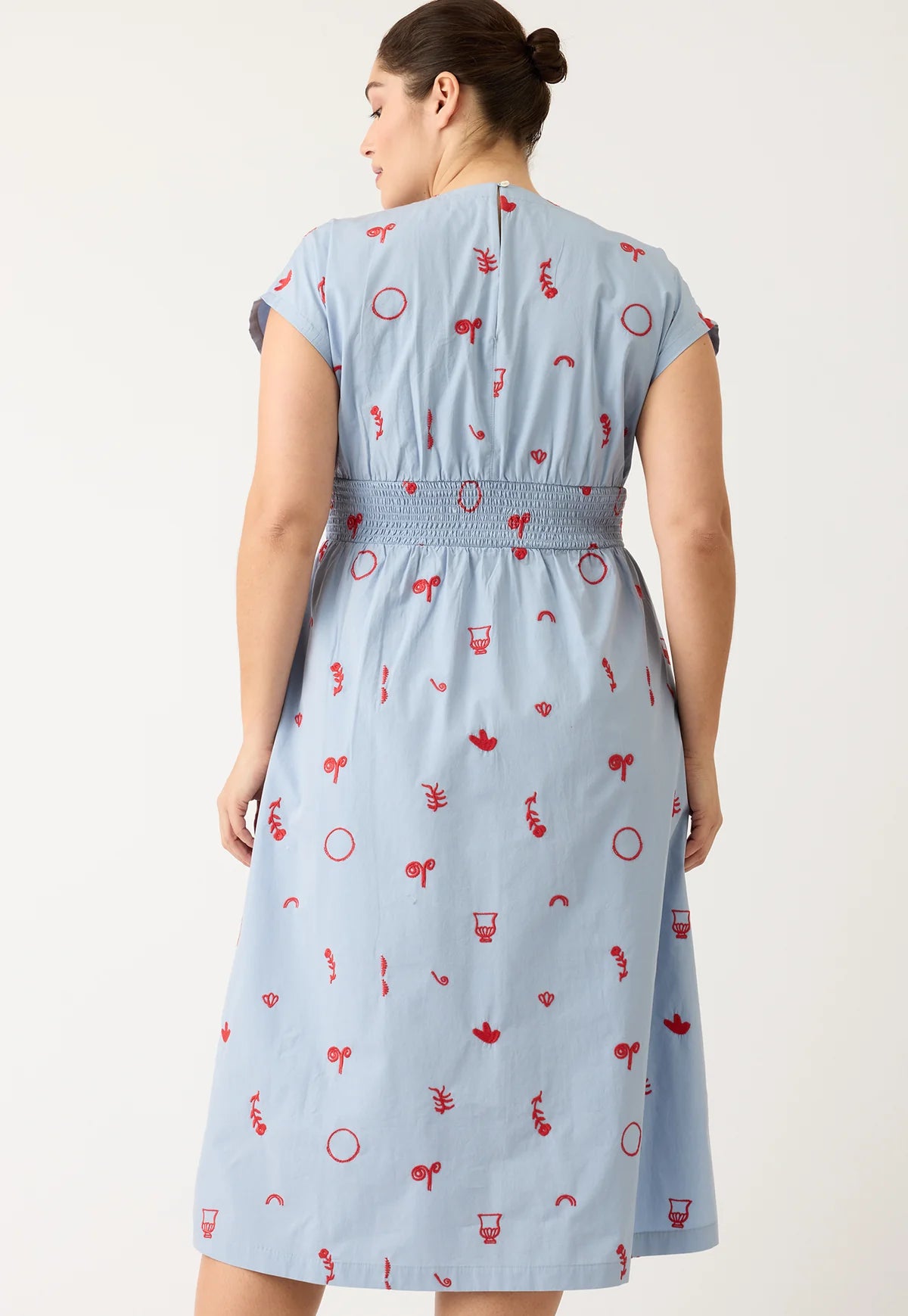 Nancybird Hana Wrap Dress in Blue with Red Motif Embroidery