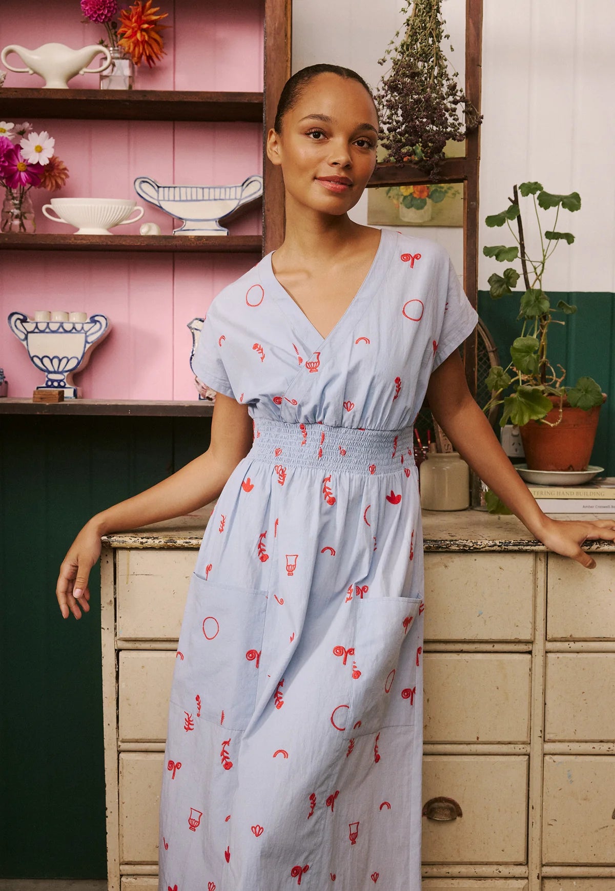 Nancybird Hana Wrap Dress in Blue with Red Motif Embroidery