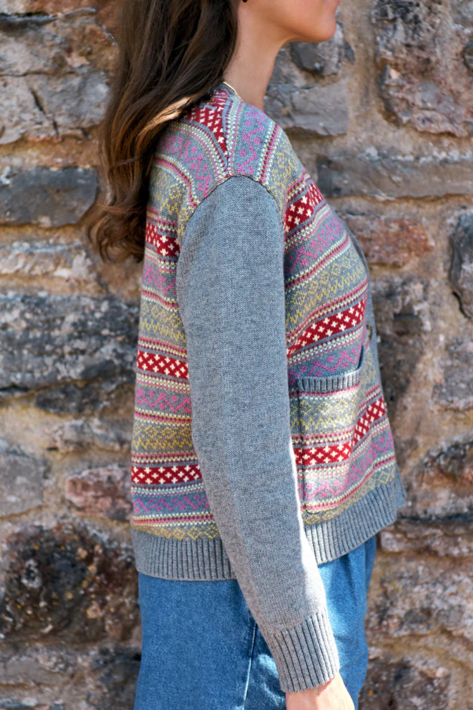 Maxted Button Down Cardigan in Charcoal Fairisle