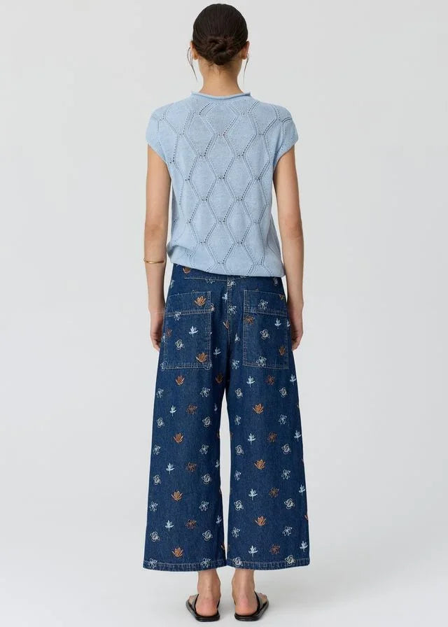 Woman wearing light blue knit top and wide-leg floral denim pants, back view