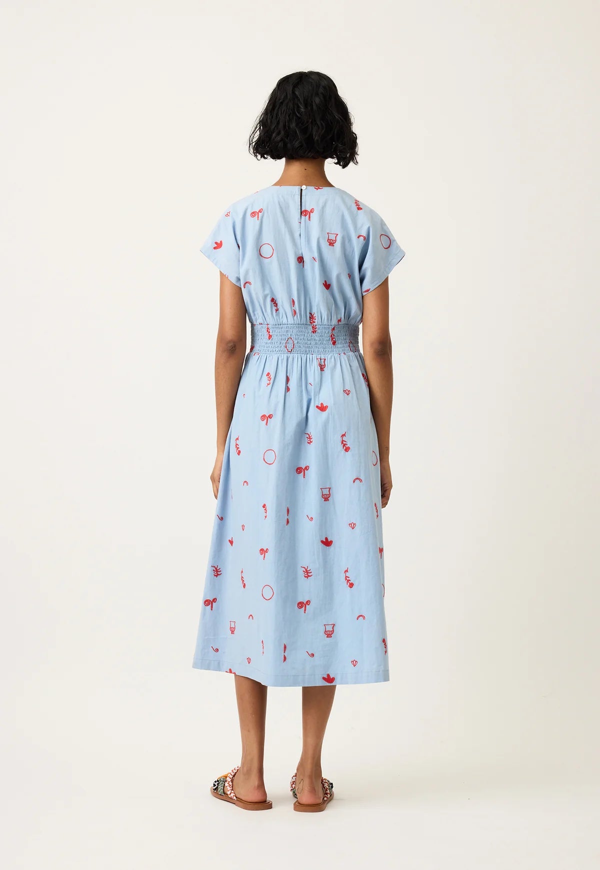 Nancybird Hana Wrap Dress in Blue with Red Motif Embroidery