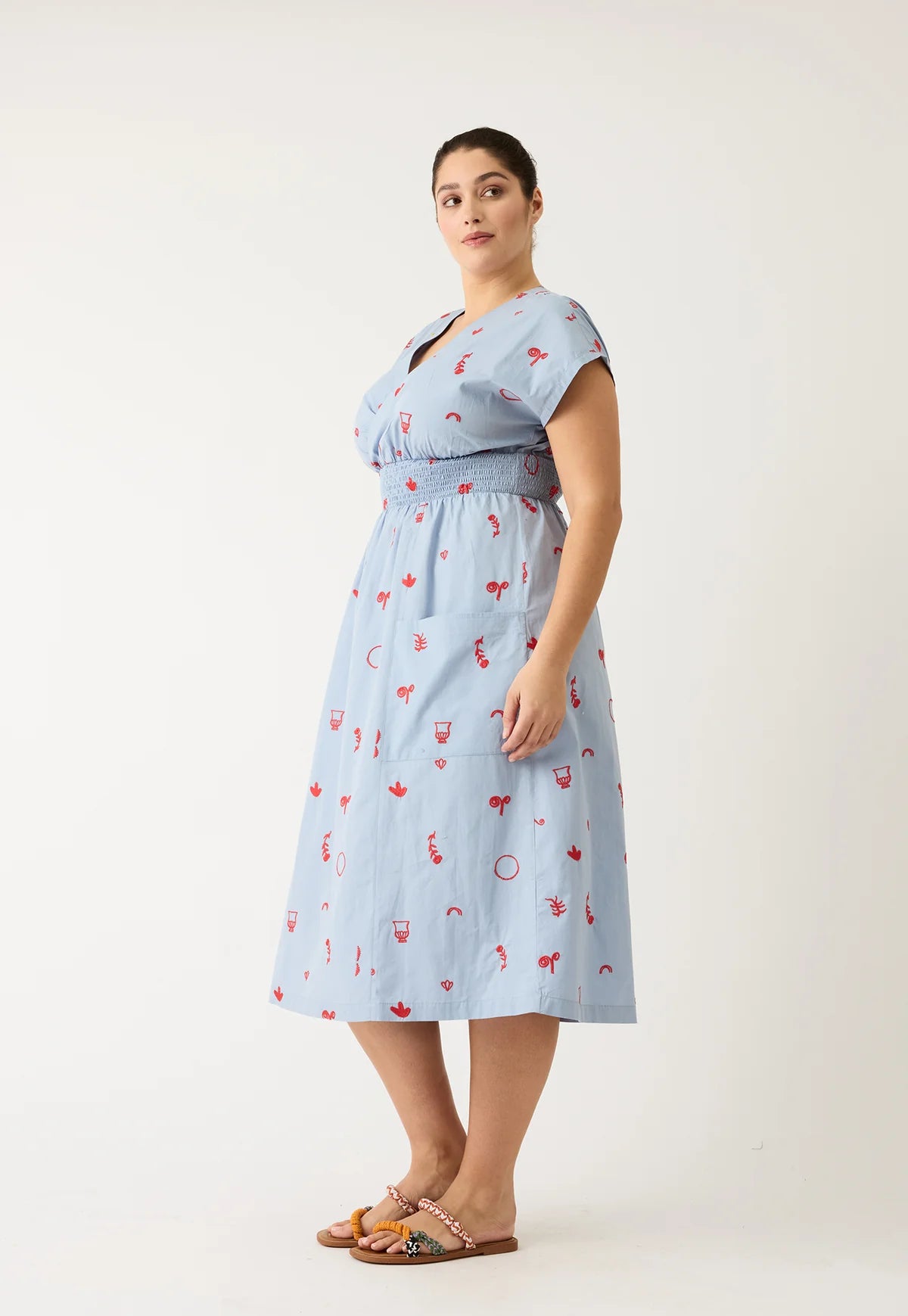 Nancybird Hana Wrap Dress in Blue with Red Motif Embroidery