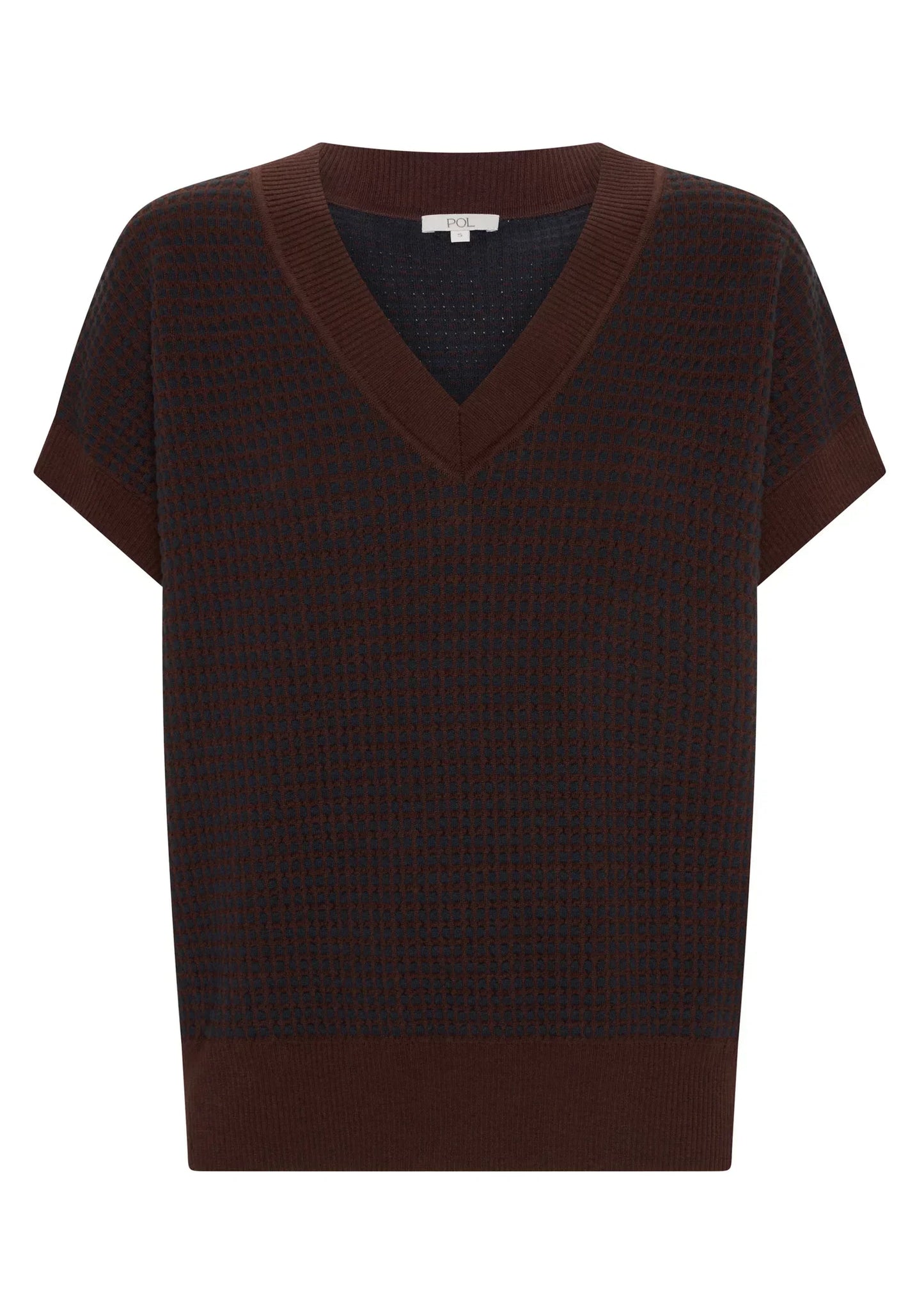 Brown V-neck short sleeve knit top with textured pattern, ideal for everyday fashion