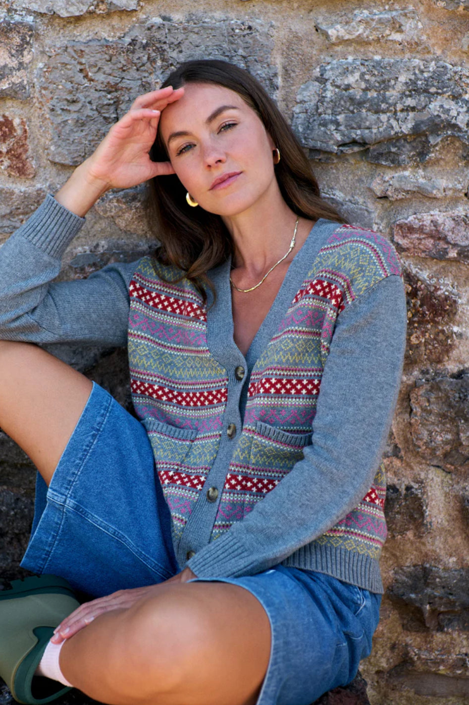 Maxted Button Down Cardigan in Charcoal Fairisle