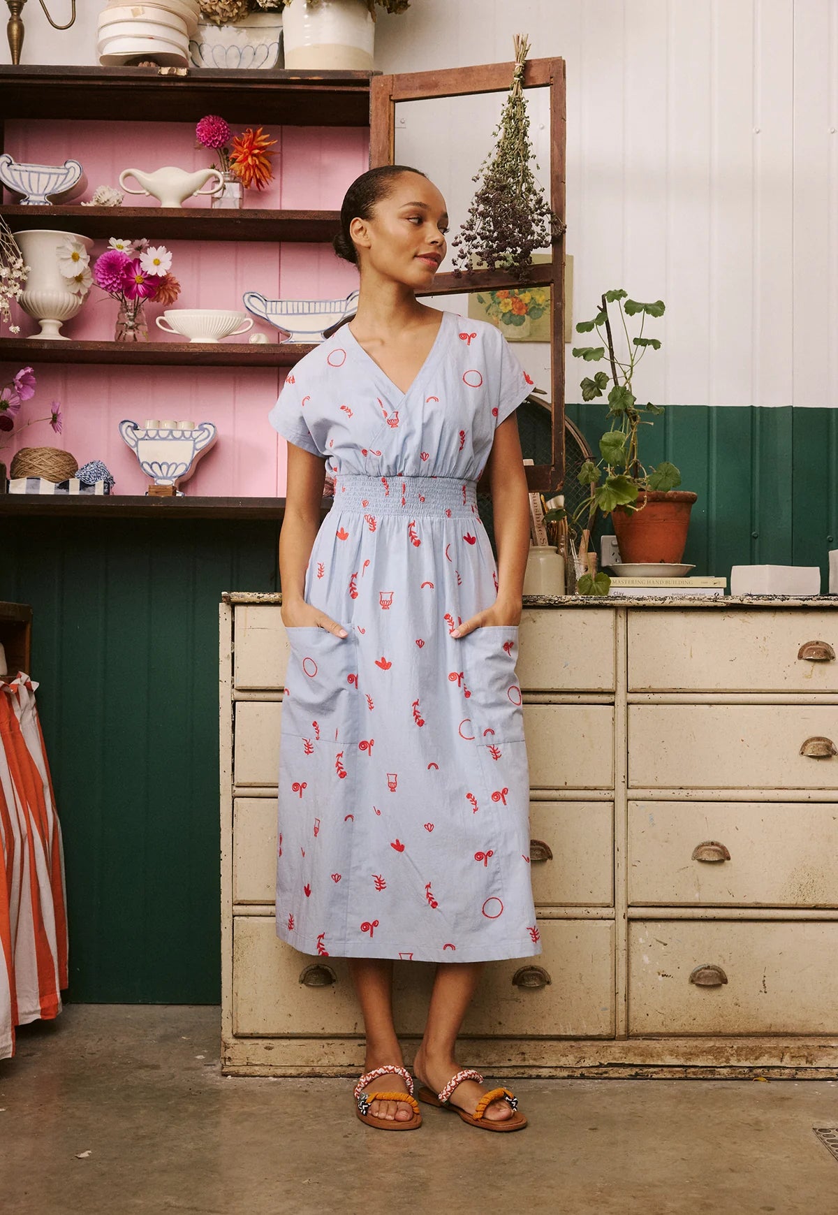 Nancybird Hana Wrap Dress in Blue with Red Motif Embroidery