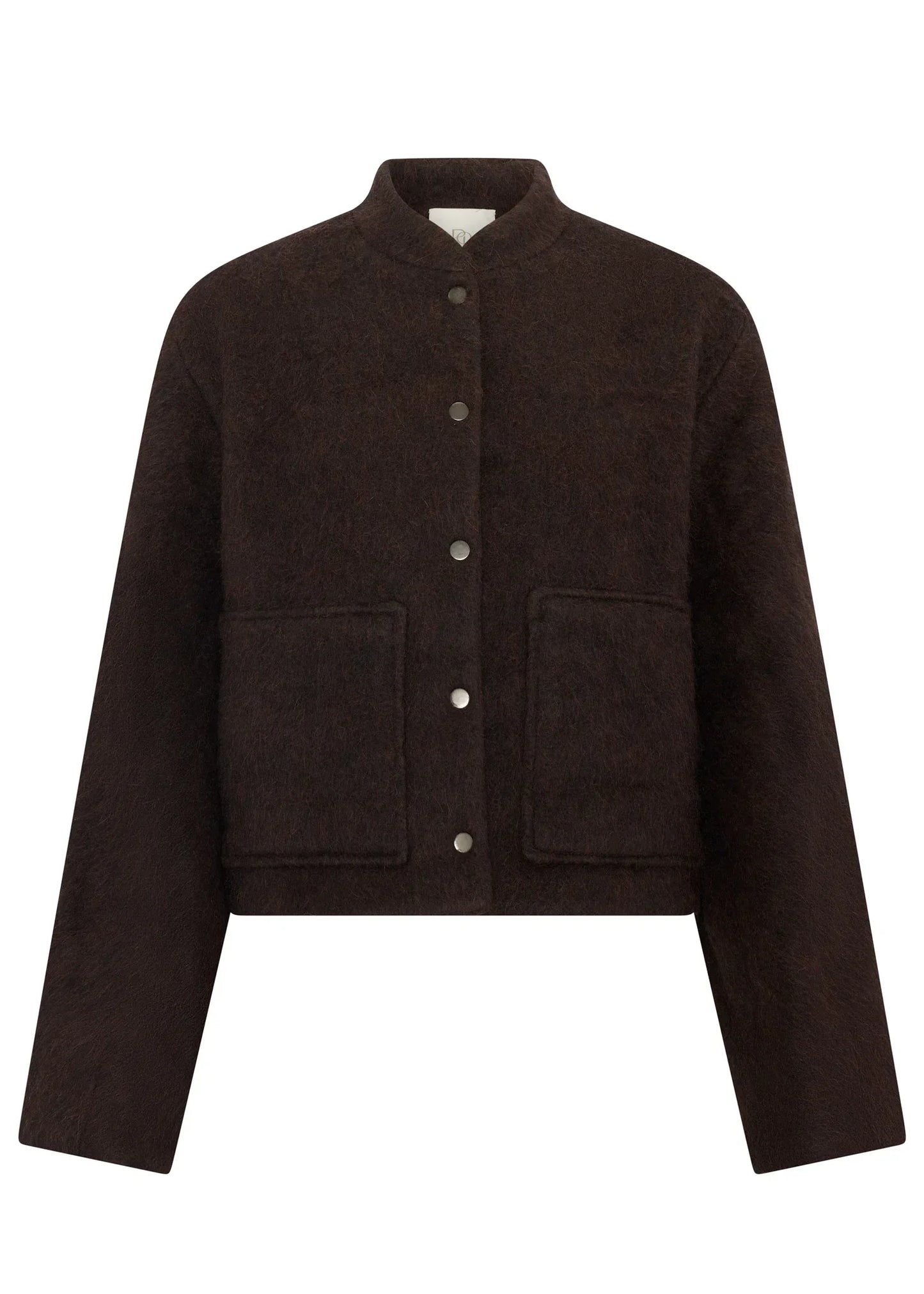 Dark brown wool blend cropped jacket with front buttons and pockets
