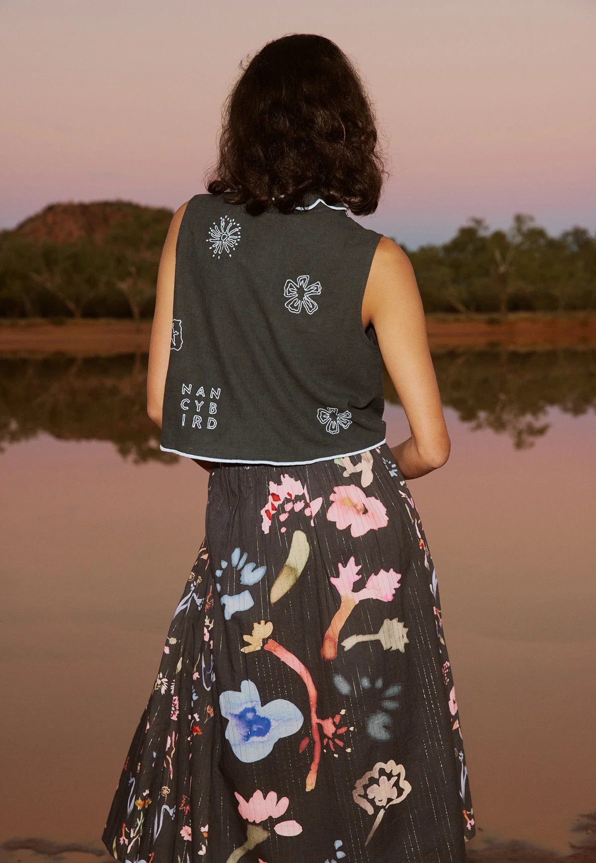 Nancybird Tuva Vest in Charcoal Embroidered