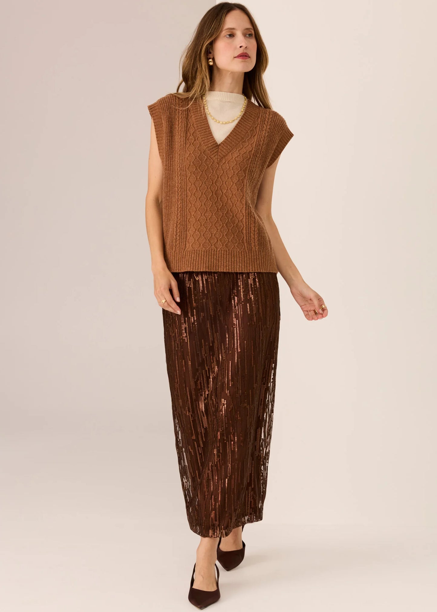 POL Loren Cable Vest Toffee