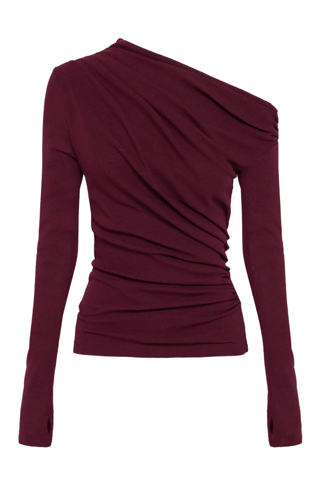 Burgundy one-shoulder long sleeve top with ruched detailing for women's fashion