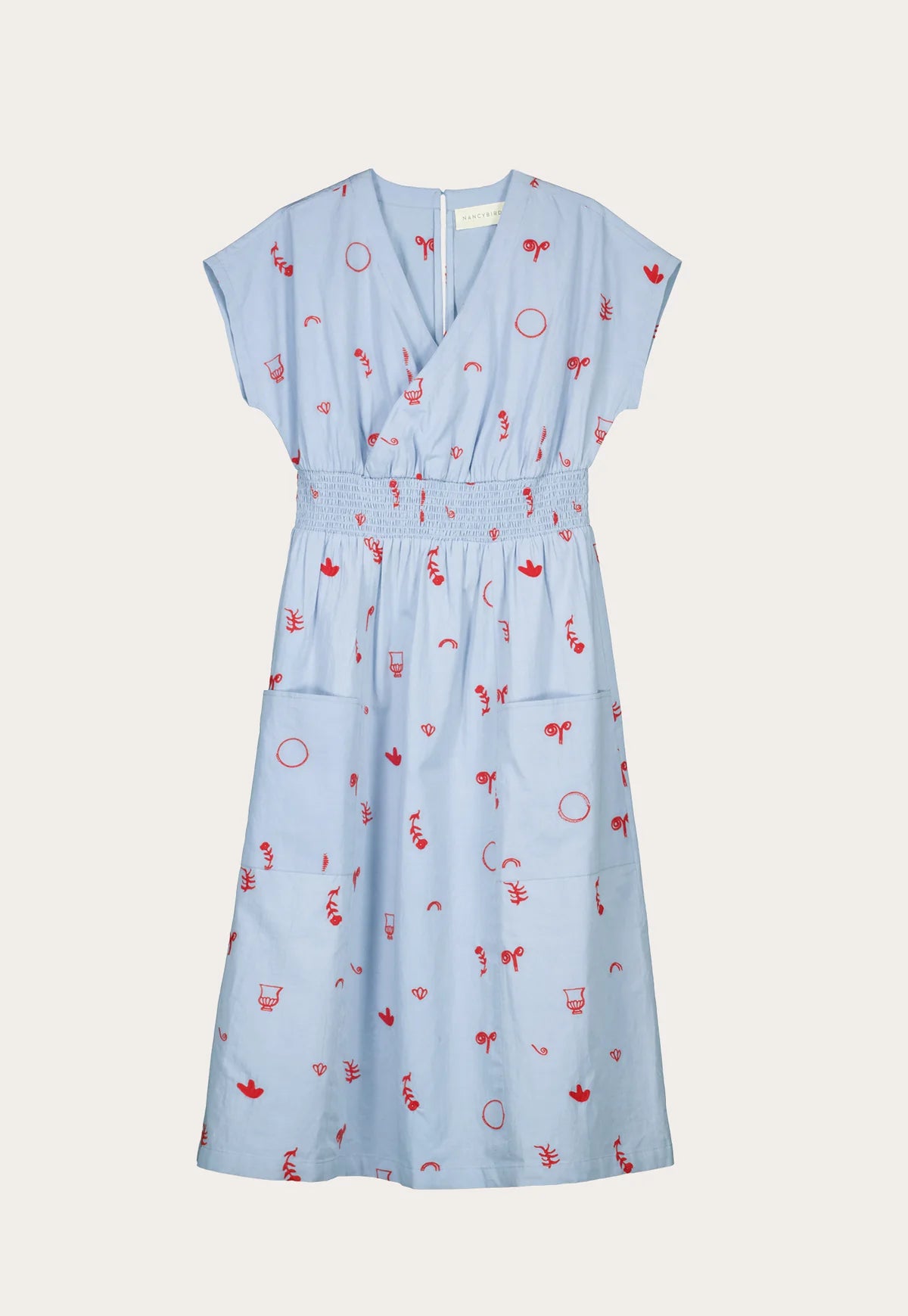 Nancybird Hana Wrap Dress in Blue with Red Motif Embroidery