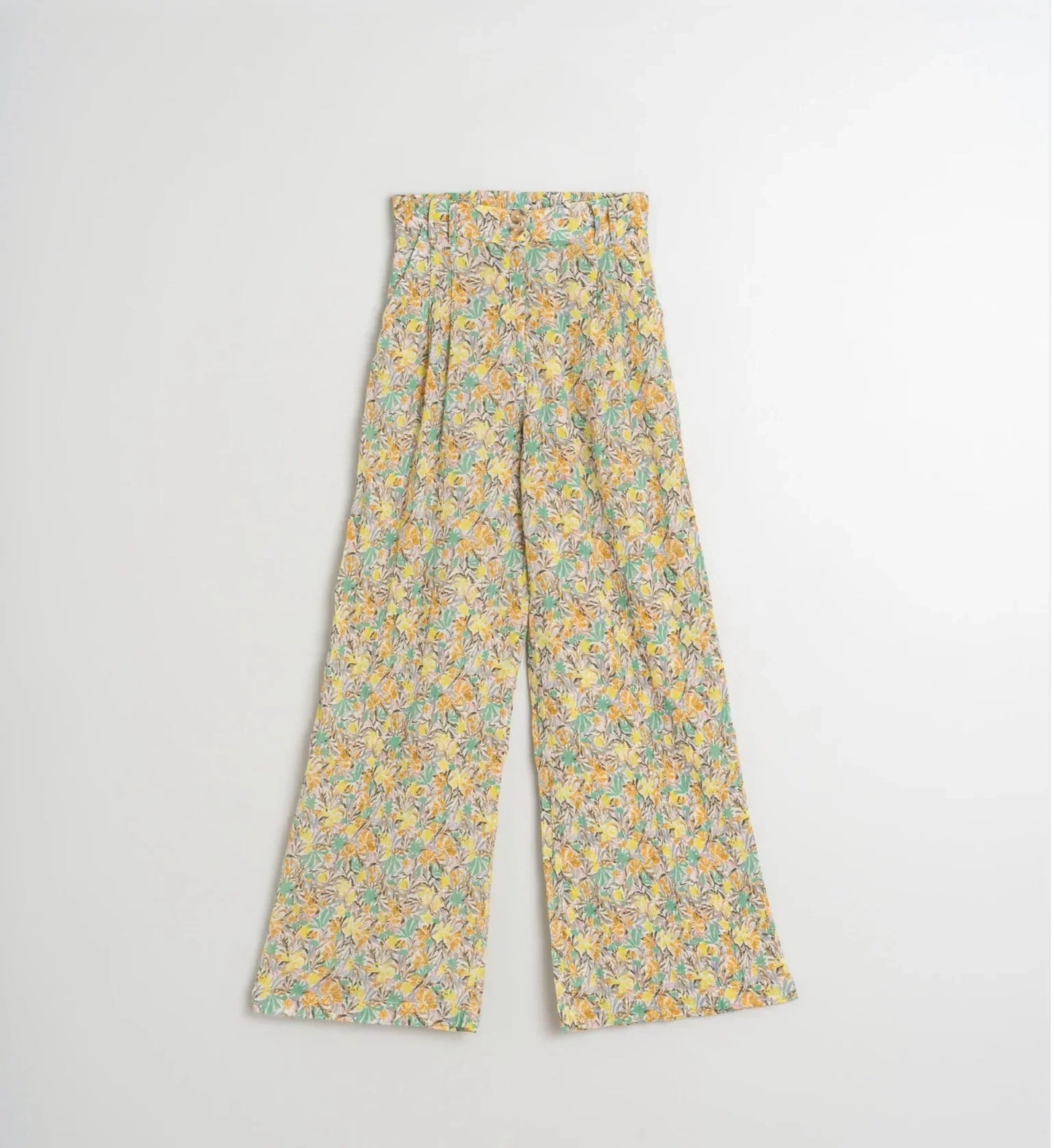 Floral print wide-leg pants with high waist, yellow and green pattern, stylish women's fashion