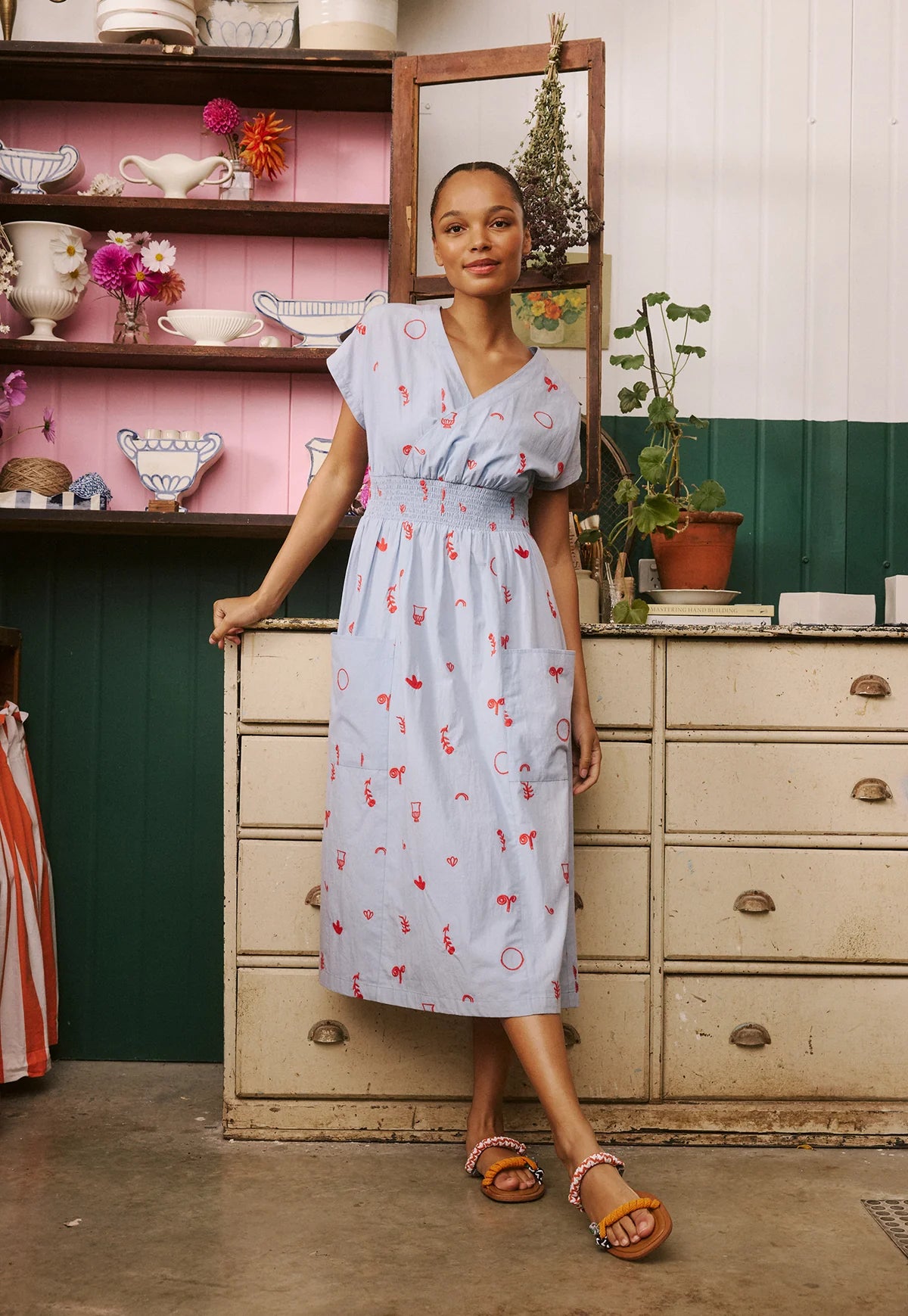 Nancybird Hana Wrap Dress in Blue with Red Motif Embroidery