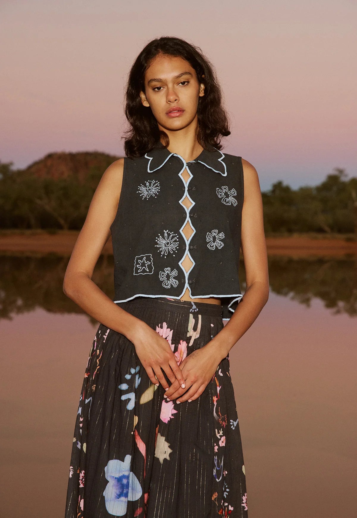 Nancybird Tuva Vest in Charcoal Embroidered
