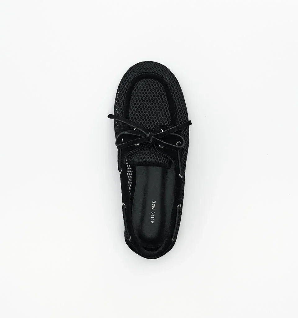 Alias Mae Teddy Mesh Boat Shoe in black, top-down view