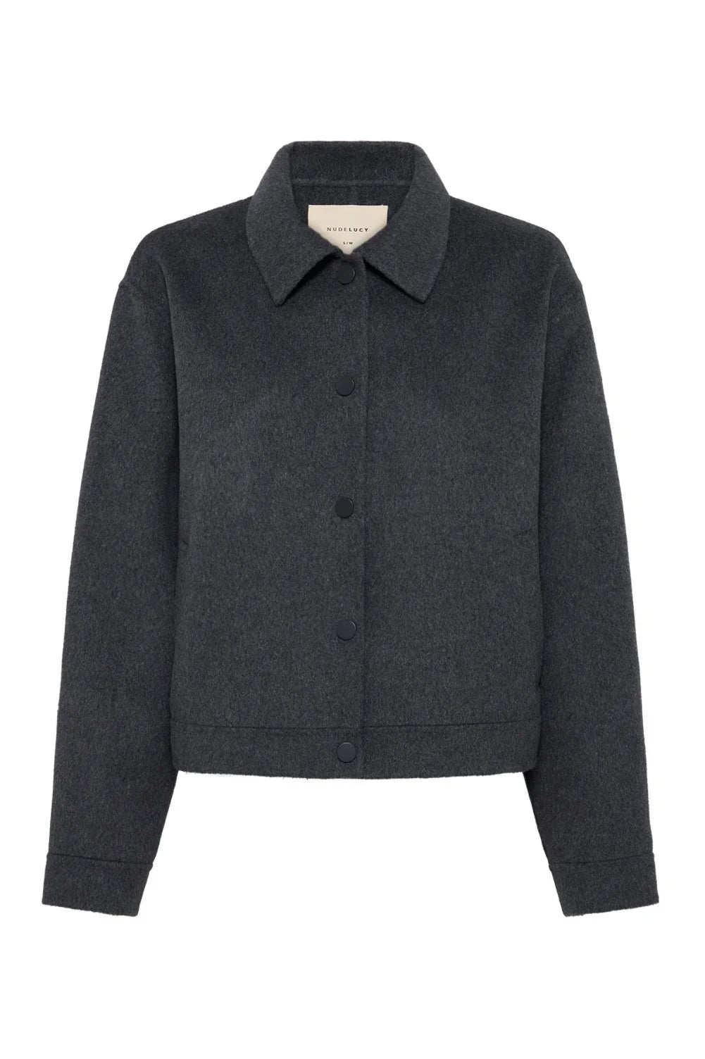 Dark gray women's button-up jacket with collar, stylish and cozy for casual wear