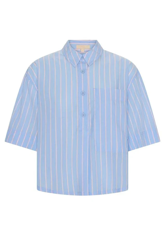 Light blue and white striped short sleeve button-up shirt with chest pocket