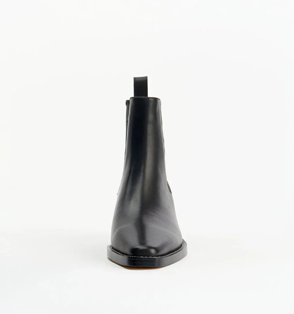 Black leather Chelsea boot with square toe and low heel, women's fashion footwear