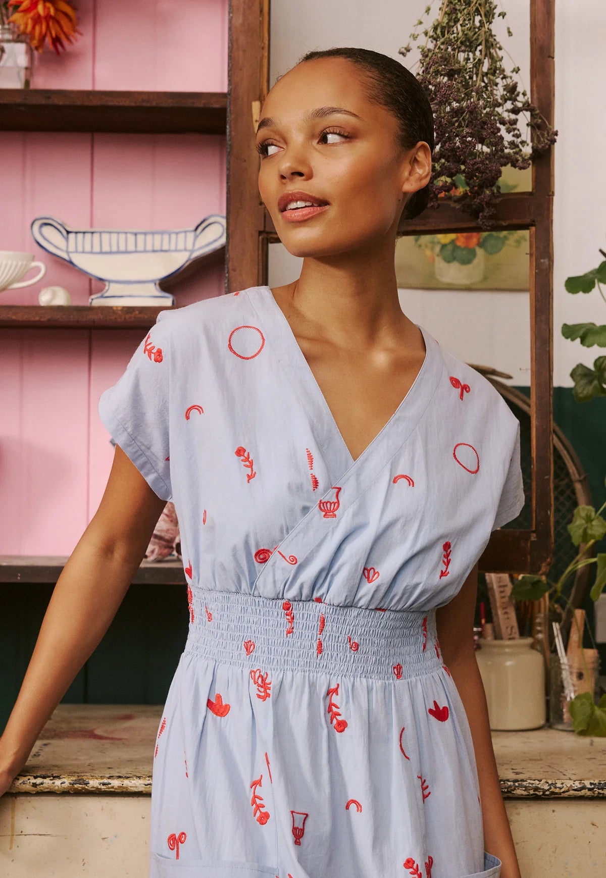 Nancybird Hana Wrap Dress in Blue with Red Motif Embroidery
