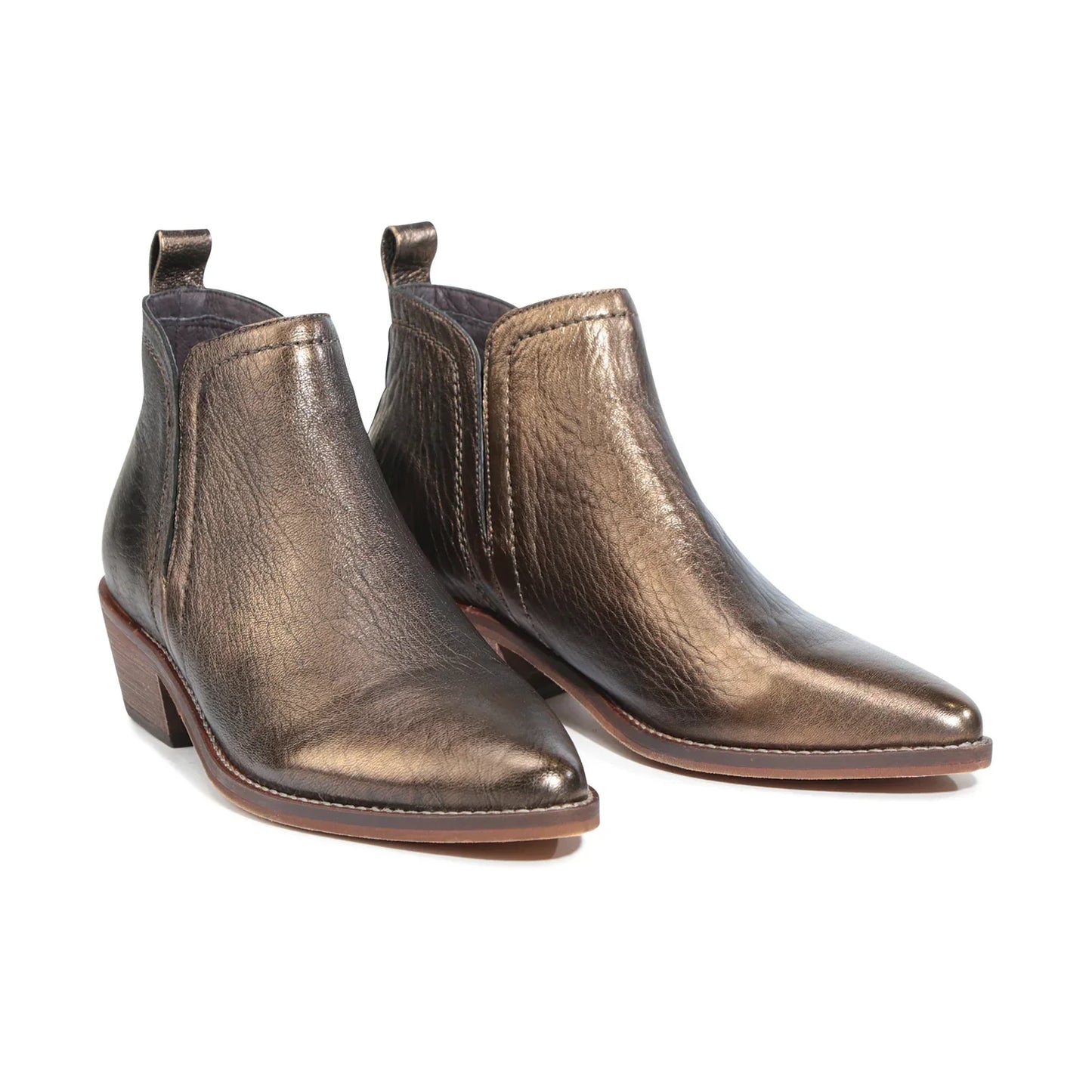 Metallic bronze Chelsea boots with pointed toe and low block heel, women's fashion footwear