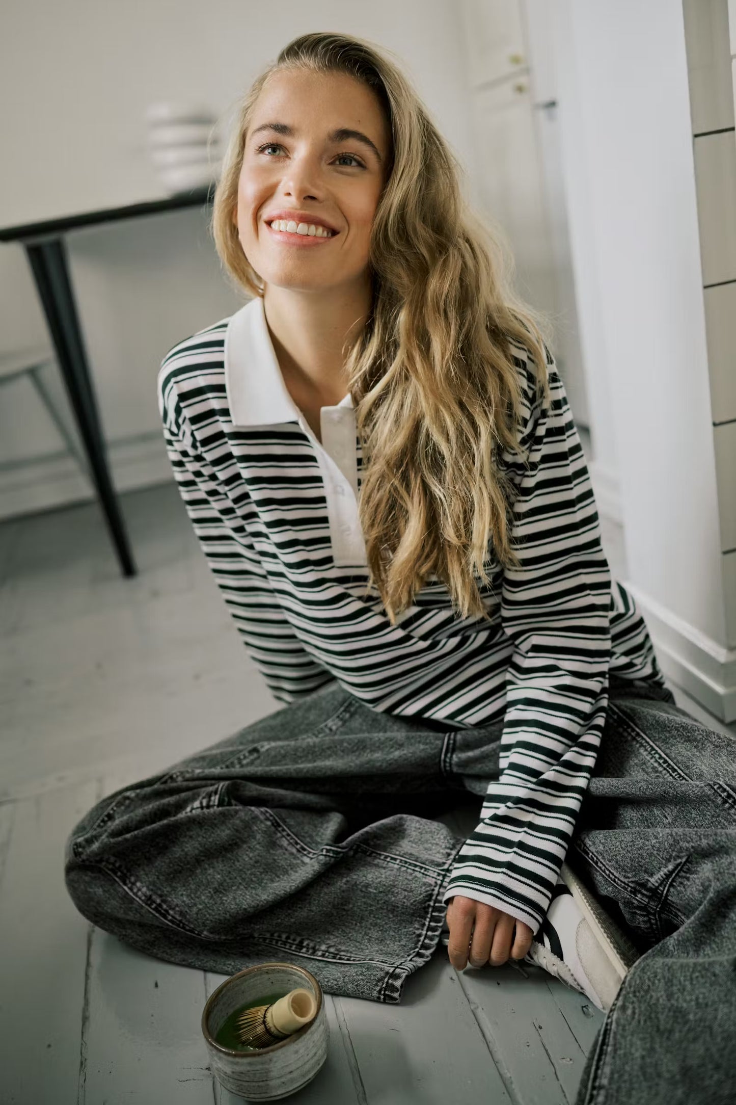 Kaffe KAmiala Polo L/S T-Shirt Black and White Stripe