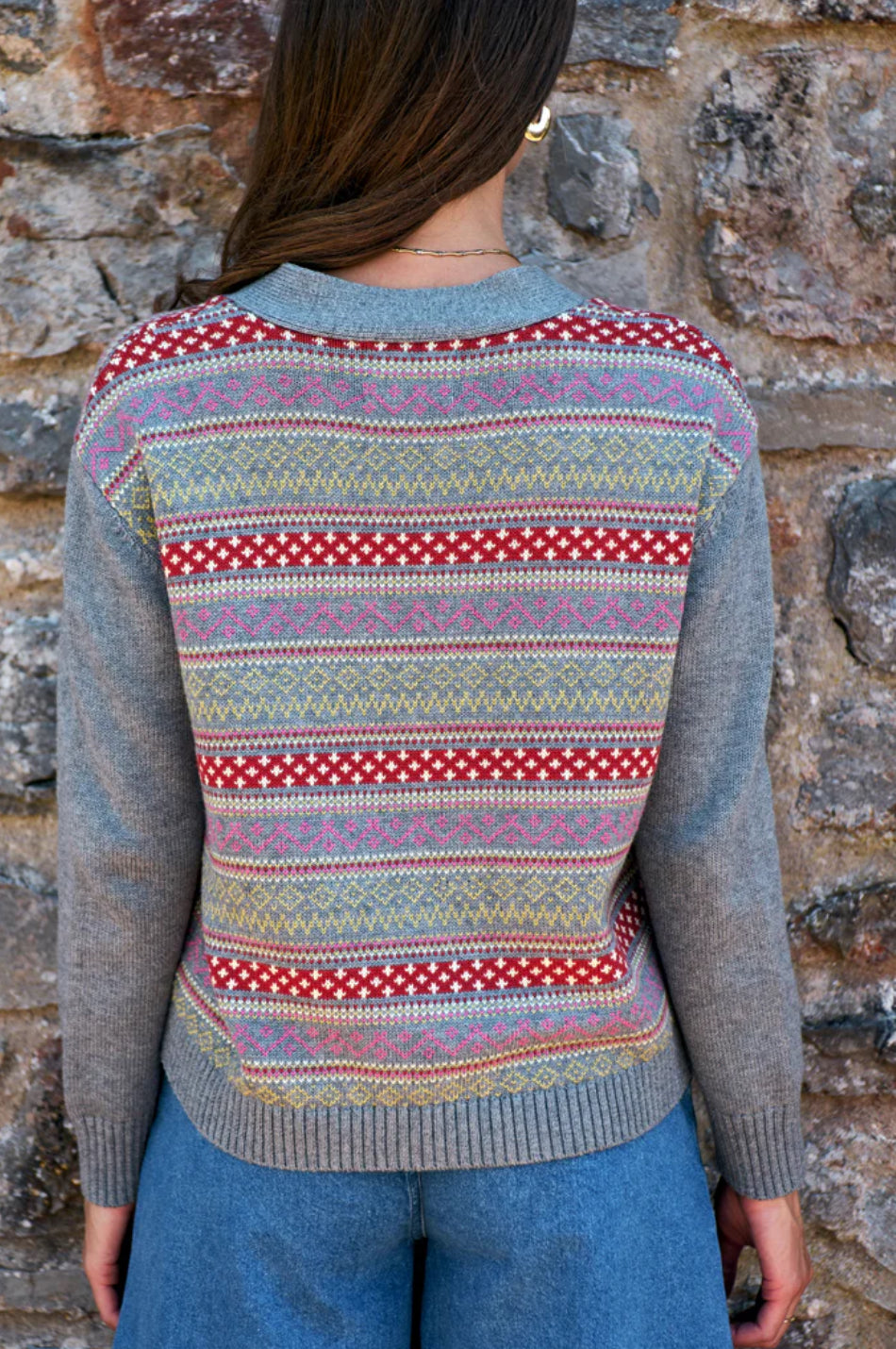 Maxted Button Down Cardigan in Charcoal Fairisle