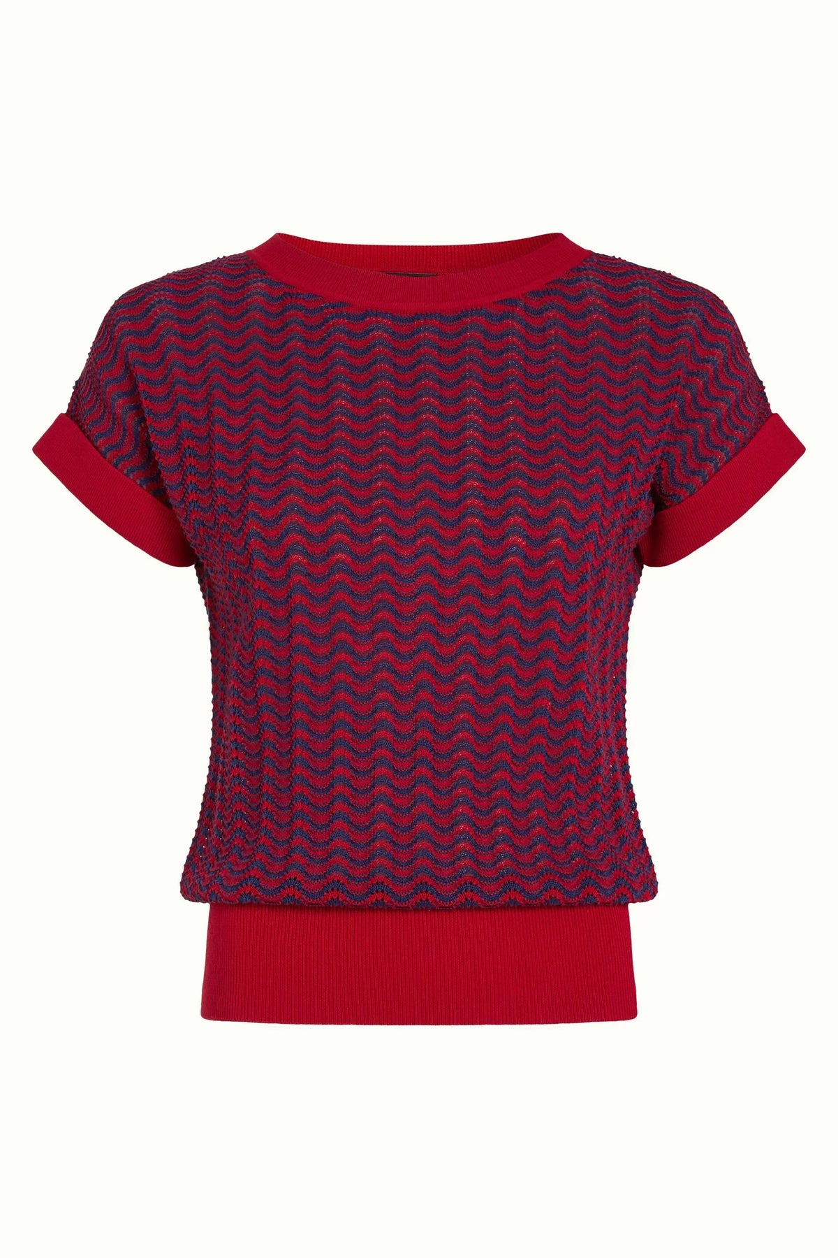 KING LOUIE Boatneck Top Tide in chilli red featuring a textured chevron pattern