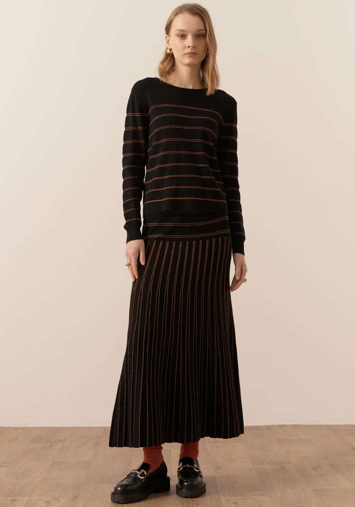 POL Gizelle Lurex Striped Knit in Black and Copper