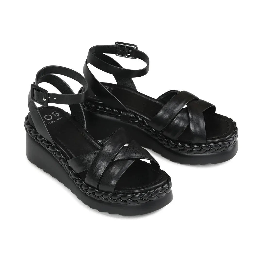 EOS Melana Platform Sandal in Black Leather - the tartan fox