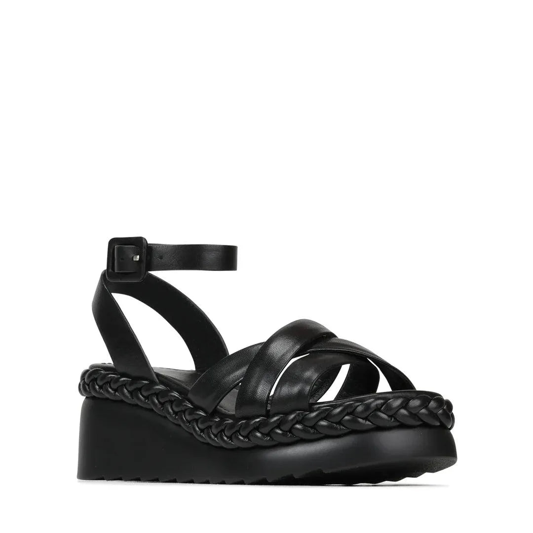 EOS Melana Platform Sandal in Black Leather - the tartan fox